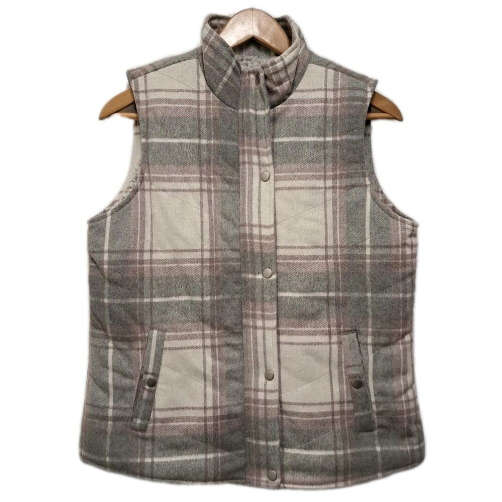 Altar'd State Quilted Vest Womens S Gray Cream Plaid Flannel Sherpa Lined Cozy